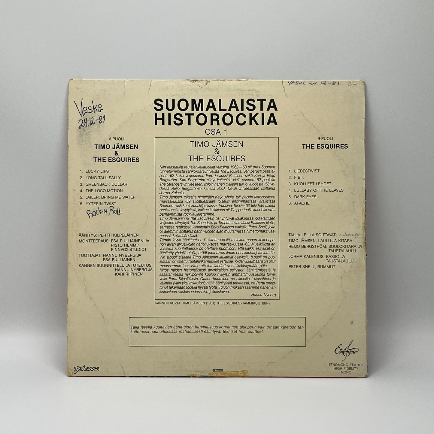 Timo Jämsen & The Esquires  – Suomalaista Historockia Osa 1 LP